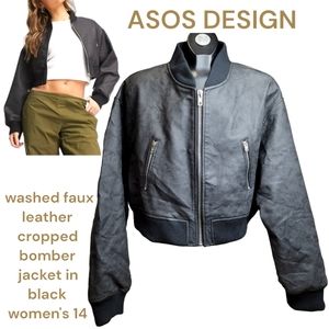 ASOS DESIGN faux leather oversized crop bomber jacket women's Size 14 black